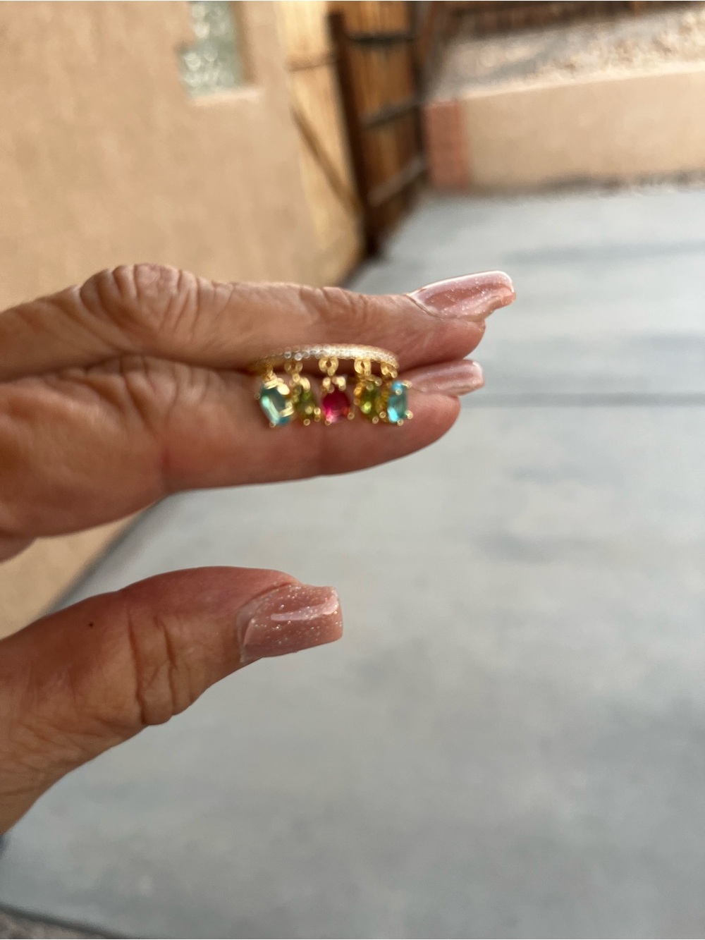 Gold Multi-Gem Dangle Ring - Pink & Teal Accent Stones